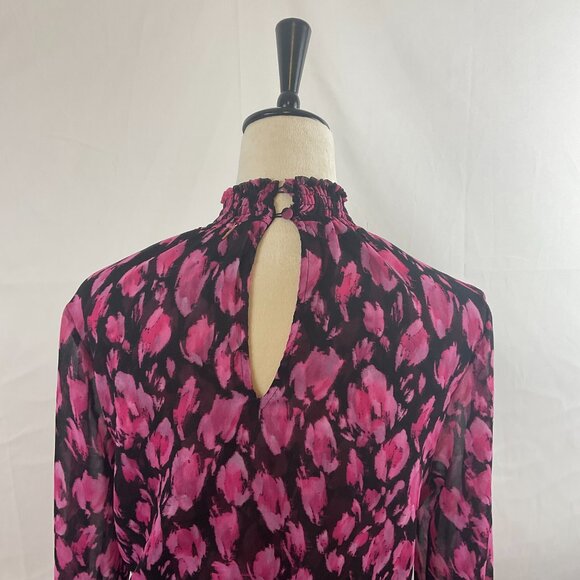 Misa Dress M Black Pink Print Gathered Neck Sleeves Waist Ruffle Long Semi-Sheer - Picture 9 of 13